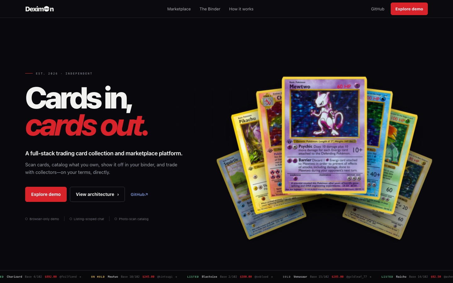 Deximon landing page with a fanned spread of Pokémon TCG cards