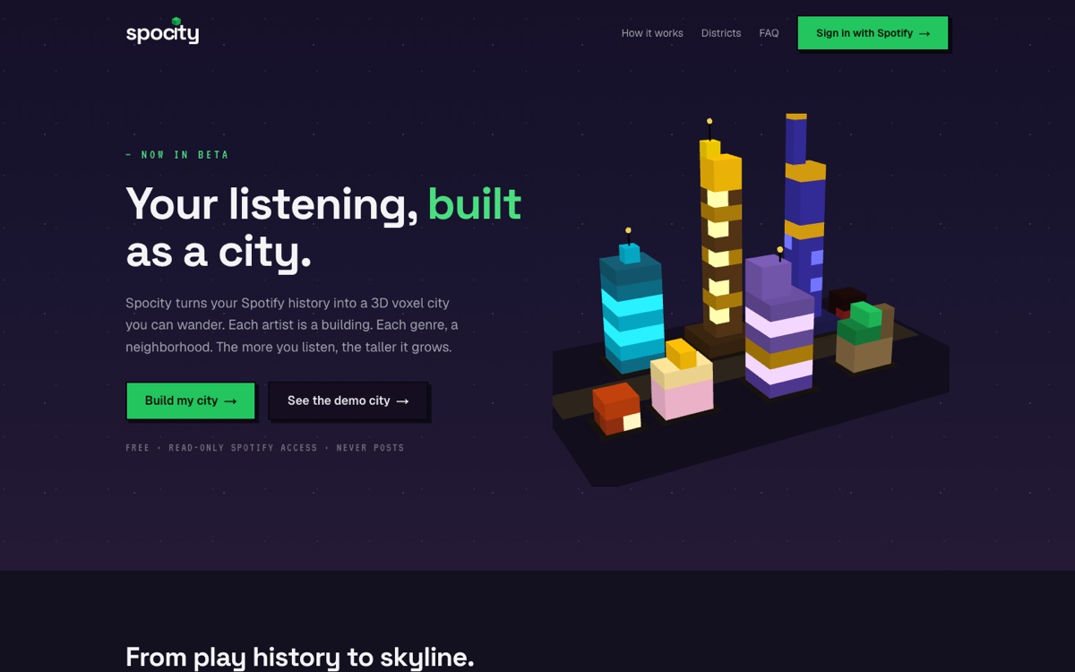 Spocity landing page with a 3D voxel city built from listening history