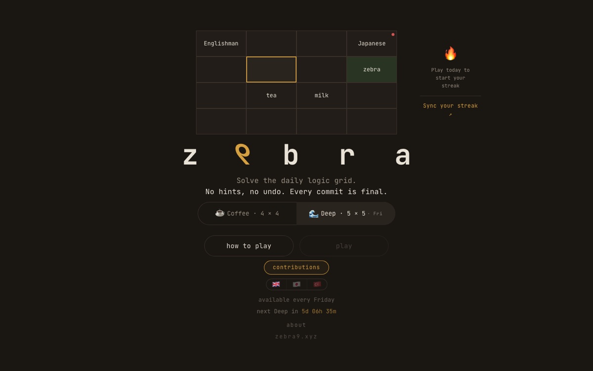 z9bra landing page with the daily logic grid